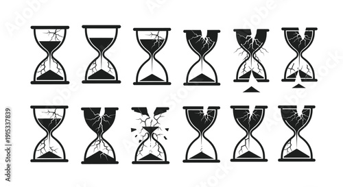 Collection of Broken Hourglasses Symbolizing Time Running Out and Stressful Moments