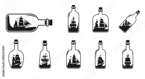 Collection of classic sailing ships captured within glass bottles representing maritime adventure