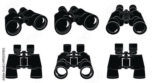 Collection of distinct black silhouette illustrations of binoculars against a white background