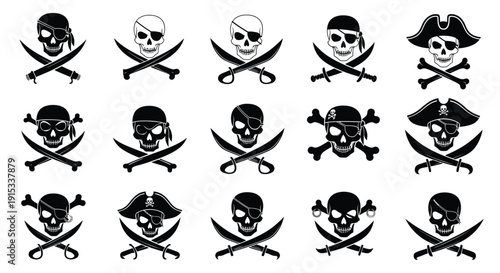Collection of Distinct Pirate Skull and Crossbones Emblems Vector Illustrations for Design Projects