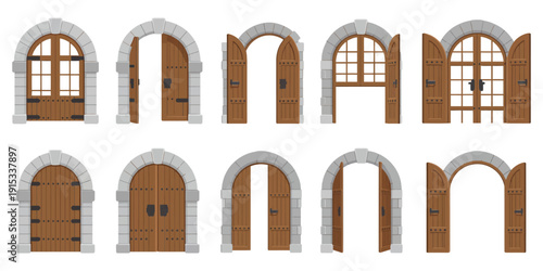Old Medieval Castle Door with Iron Lattice, Step by Step Opening Process Vector Set, Palace Gate, Dungeon Entrance, and Cellar Passage Fantasy Scene Illustration