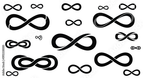 Collection of diverse infinity symbols in various styles and sizes on a white background
