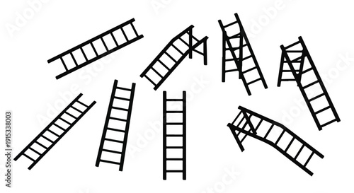 A collection of various ladders in different orientations and positions Vector