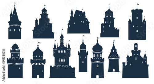 Collection of diverse medieval castle silhouettes against a clean white background