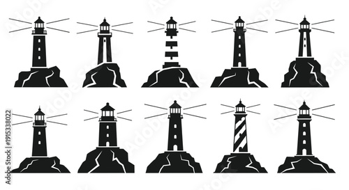 Collection of diverse lighthouse silhouettes symbolizing guidance and coastal landmarks