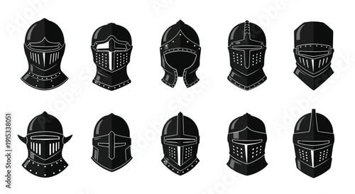 Collection of Diverse Medieval Knight Helmets in a Sleek Black and White Graphic Style