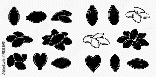 Set of black and white pumpkin seeds, isolated on transparent background, for healthy snack and cooking concepts.