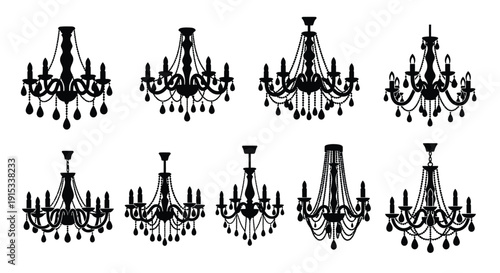 Collection of Elegant Black Silhouette Chandeliers Displaying Ornate Designs and Dazzling Crystal