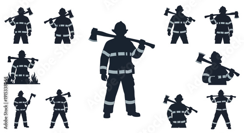 Collection of Firefighter Silhouettes Illustrating Readiness and Duty with Axes