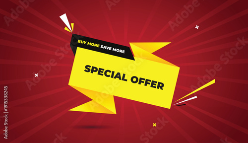special offer buy more save more web banner vector art template design badge icon label yellow black gray shapes white bold text dark red light sun shine abstract business background creative modern e