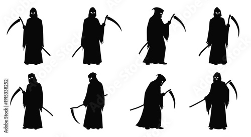 Collection of Grim Reapers in Various Poses Holding Scythes Silhouetted on White Background