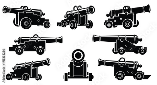 Collection of historical siege artillery cannons rendered in silhouette against a white background