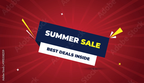 summer sale best deals inside web banner vector art template design badge icon label deep blue white shapes yellow bold text dark red light sun shine abstract business background creative modern eye c