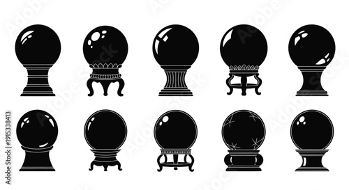 Collection of Silhouette Crystal Balls on Stands for Mystical Prediction and Vision