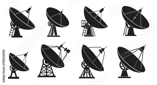 Collection of silhouette satellite dishes and radio telescopes for communication and observation