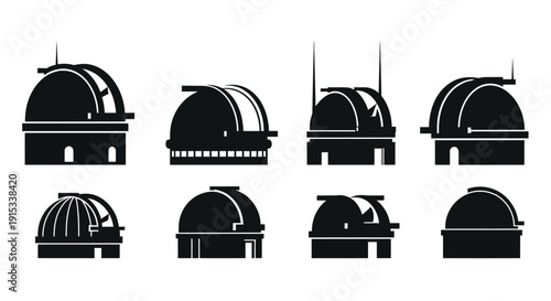 Collection of silhouetted astronomical observatory domes representing scientific exploration and