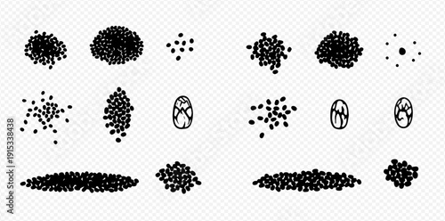 Set of black dots, clusters, and shapes representing data points or particles on a transparent background.