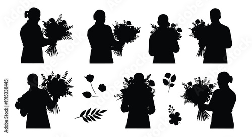 Collection of Silhouetted Figures Presenting Assorted Floral Arrangements and Botanical Elements