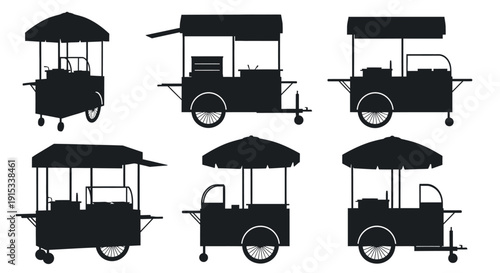 Collection of Silhouetted Mobile Food Carts and Stalls Offering Street Food Options