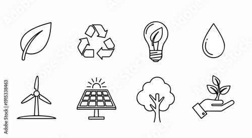 Icons representing sustainable practices and renewable energy sources. Vector