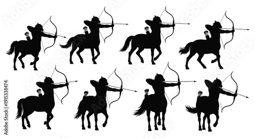 Collection of silhouetted mythical centaurs drawing bows with arrows in dynamic poses
