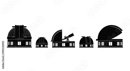 Collection of silhouetted observatory domes and a telescope under an open dome