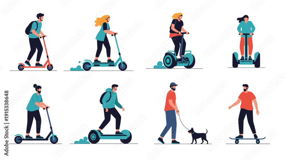 Fototapeta premium Group of people using modern eco friendly transportation like electric scooters, segways, and skateboards for urban commuting.