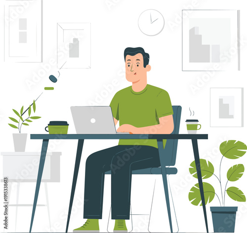 Young professional man working on laptop at home office desk, flat vector illustration for remote work, freelancing, productivity, and modern workspace lifestyle