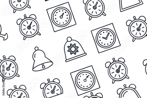 A vector graphic illustration of various alarm clocks and bells on a white background