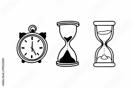 A minimalist vector graphic illustration of a clock and two hourglasses in black and white