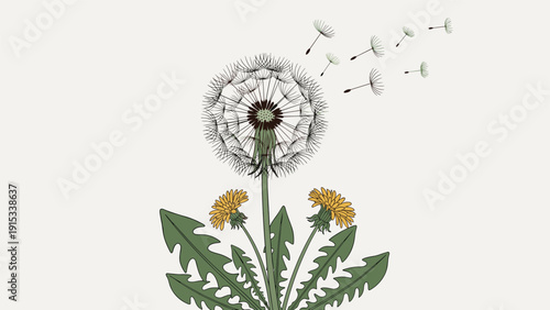 Mature dandelion plant stands in a field with several of its fluffy seeds being carried away by a gentle breeze against a beige background.