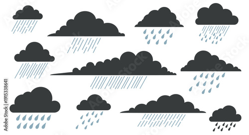 Collection of stylized dark rain clouds in a minimalist graphic design pattern for weather concepts