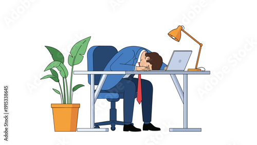 Exhausted businessman in a blue suit sleeping at his office desk over a laptop after a long day of hard work and productivity.