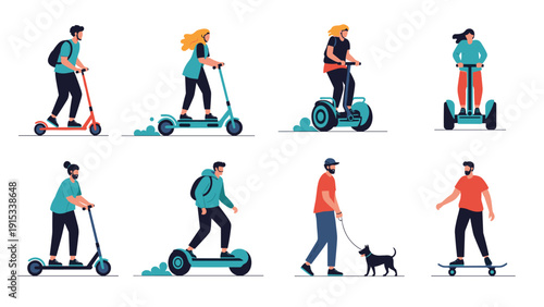 Group of people using modern eco friendly transportation like electric scooters, segways, and skateboards for urban commuting.