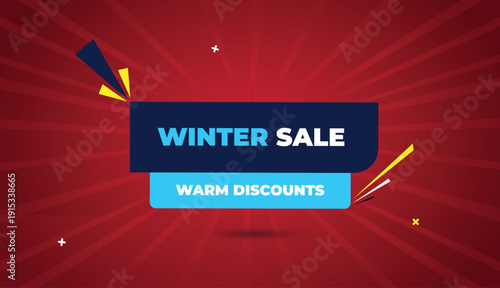 Warm winter sale discounts web banner vector art template design badge icon label deep sky ice shapes white bold text dark red light sun shine abstract business background creative