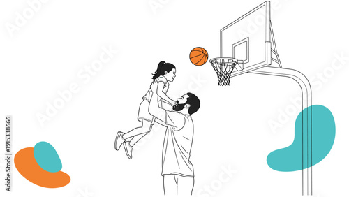 Loving father lifting his happy young daughter to reach the hoop while playing basketball together in a simple line art style.