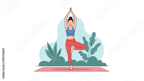 Young woman practicing yoga in a tree pose amidst a peaceful green park with large leaves and bushes on a clean white background.
