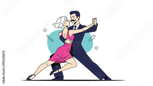 Elegant couple performing a passionate tango dance with the woman in a pink dress and the man in a dark suit on a white background.