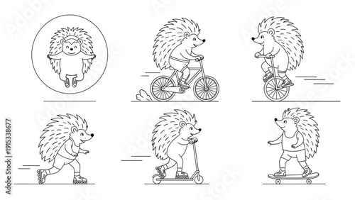 Fun collection of hedgehog characters engaging in different sports like cycling, skating, and scooting shown in black line art.