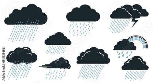 Collection of stylized storm clouds with rain and lightning vector illustrations and a rainbow