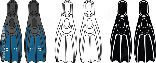 Flippers silhouette & Outline and illustration set isolated on transparent background