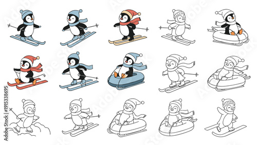 Adorable penguins enjoying winter activities like skiing and sledding shown in both colorful and line art versions for kids.