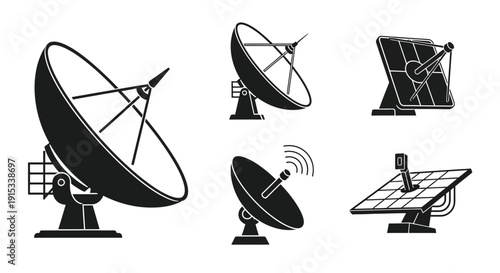 Collection of stylized satellite dishes and solar panel icons for communication and energy concepts
