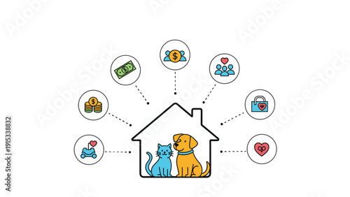 Comprehensive collection of conceptual icons representing home life, pet ownership, financial stability, and family happiness on white background.