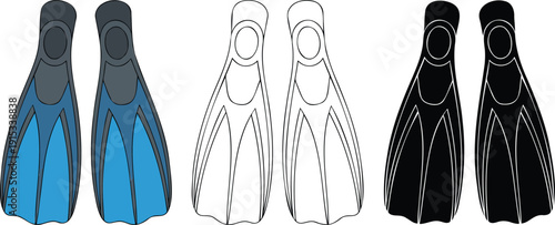 Flippers silhouette & Outline and illustration set isolated on transparent background