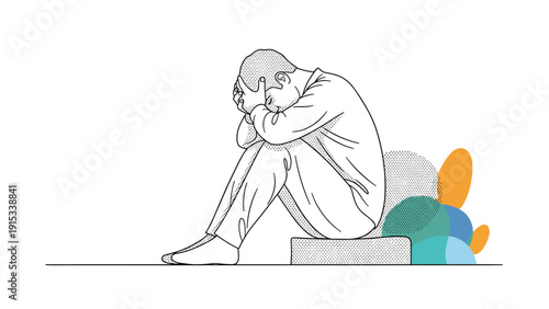 Line drawing of a man sitting on a block in a state of deep despair or sadness with colorful abstract shapes in the background for effect.