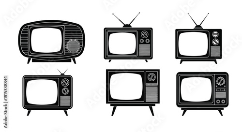 Collection of vintage television icons with antennas and dials in a clean black and white graphic