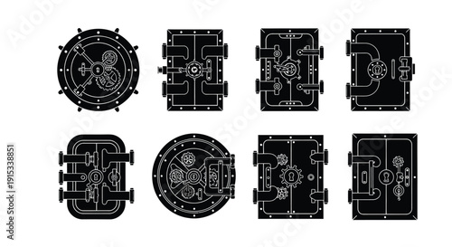 Collection of Vintage Bank Vault Doors and Safes in Silhouette Style Vector Art