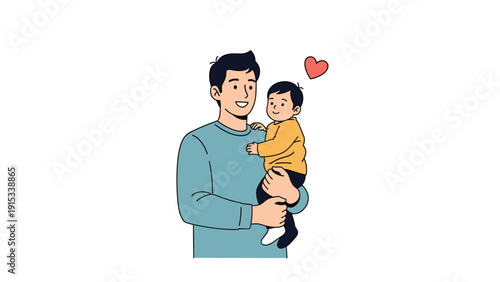 Sweet illustration of a young father affectionately holding his baby in his arms, capturing a tender moment of paternal love and family bonding.