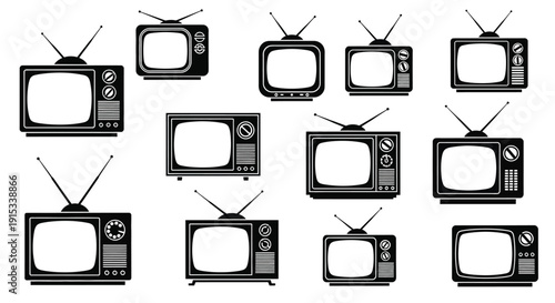 Collection of vintage television sets with antennas in a graphic illustration style